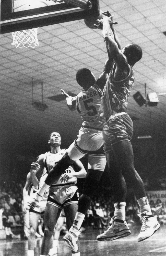 Kendal “Tiny” Pinder blocks a shot during a game between Adelaide 36ers and Perth Wildcats game at Apollo Stadium in in South Australia in 1989.