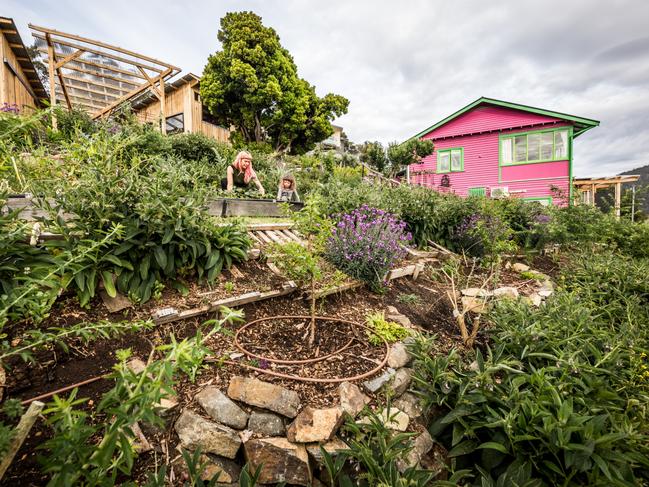 Hannah Moloney and her daughter Frida in their South Hobart garden. Picture: Natalie Mendham.