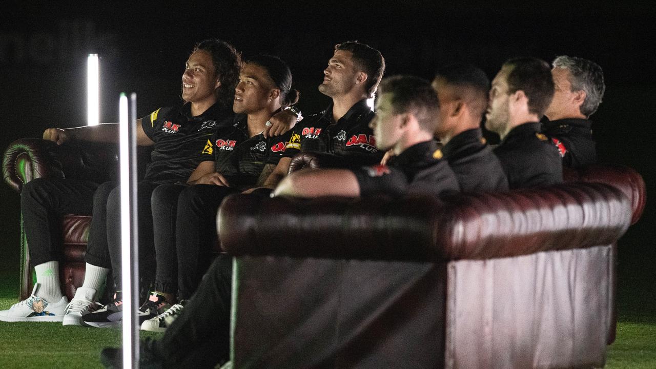 The Penrith Panthers sit down at Bluebet Stadium for the first time since their grand final heroics to watch the match. Picture: Fox League