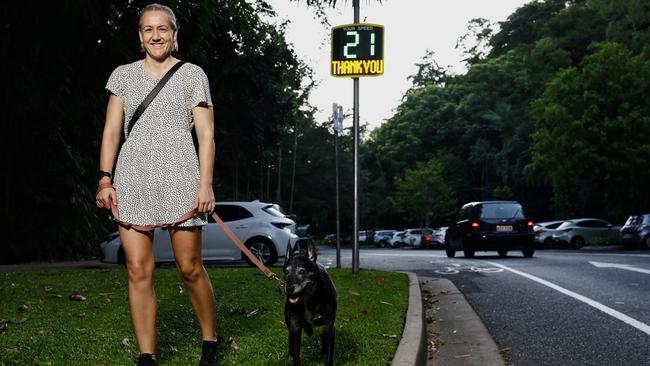 Cairns Regional Council has found that the roadside speed warning signs that flash red when you speed and flash green with a happy face are slowing motorists, with speed decreases of over 20 kilometres per hour shown after the installation of the radar. Bonni Barker from Brinsmead takes her kelpie cross Daisy walking along Collins Aenue in Edge Hill a couple of times a week, and has noticed a difference in motorist's behaviours after the installation of the electronic signs. Brendan Radke