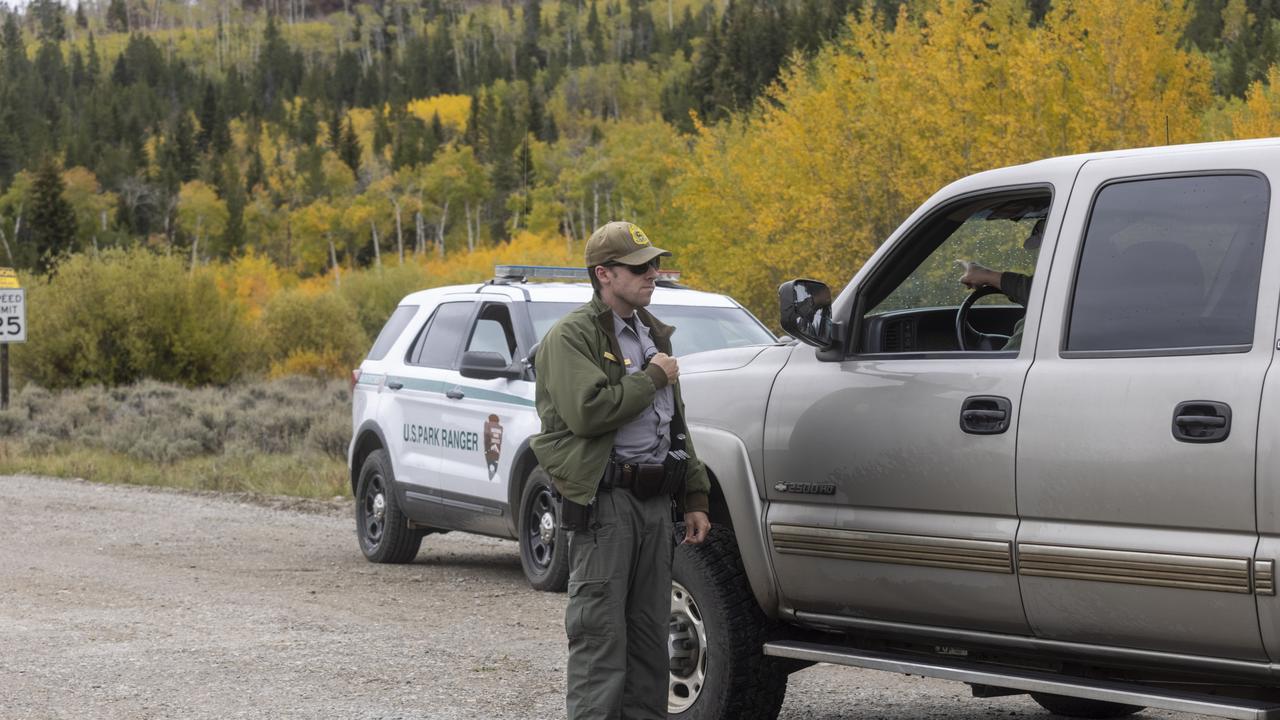 A park ranger on the road to Spread Creek Dispersed camping ground where Gabby Petito’s remains were found. Picture: Natalie Behring/Getty Images