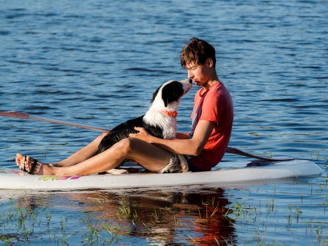 Paw-ddleboard pals … Nathan and Chief enjoy a break. Picture: Melissa Spencer.