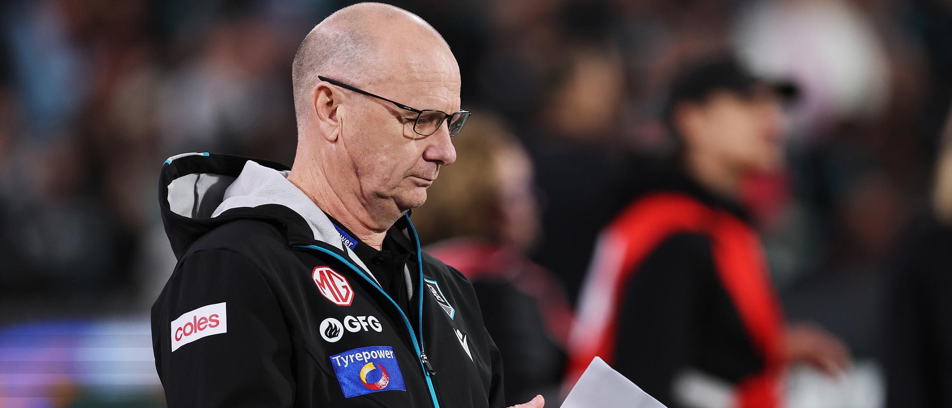 ADELAIDE, AUSTRALIA - APRIL 05: Ken Hinkley, Senior Coach of the Power during the 2024 AFL Round 04 match between the Port Adelaide Power and the Essendon Bombers at Adelaide Oval on April 05, 2024 in Adelaide, Australia. (Photo by James Elsby/AFL Photos via Getty Images)