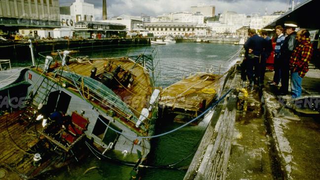 The destroyed Rainbow Warrior in Auckland in 1985.