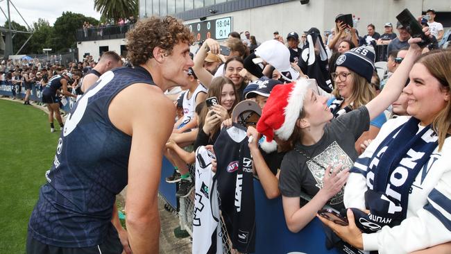 Charlie Curnow with fans at Carlton Football training at Ikon Park. Picture: David Crosling