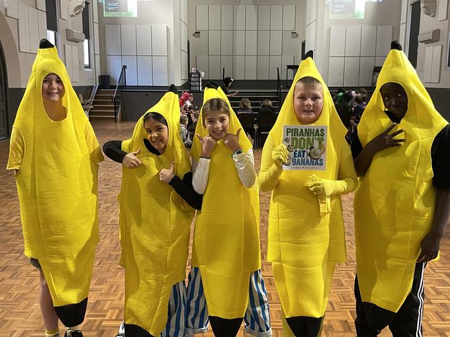 St Kilian's Primary School students Lucas McCarthy, Zali Betts, Gabriella Ciancio, Carter Hanna and George Basha dressed up for Book Week. Picture: Gianni Francis.