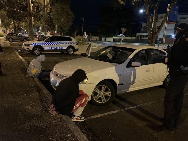 Two men were arrested outside the Keilor Plains Railway Station after allegedly attempting to sell stolen goods from the back of a car on June 19. Picture: Victoria Police.