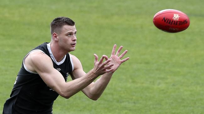 Port Adelaide ruckman Peter Ladhams trains at Adelaide Oval. Picture: Sarah Reed