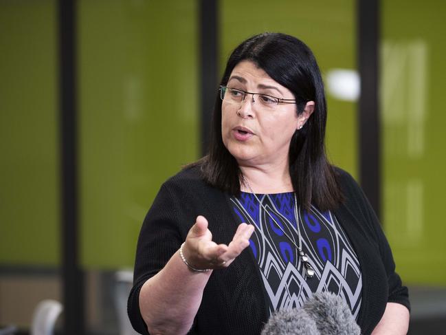 Education Minister Grace Grace addressing media at Fortitude Valley State Secondary School, 585 St Pauls Terrace, Fortitude Valley, Brisbane, 13th of September 2020. (News Corp/Attila Csaszar)