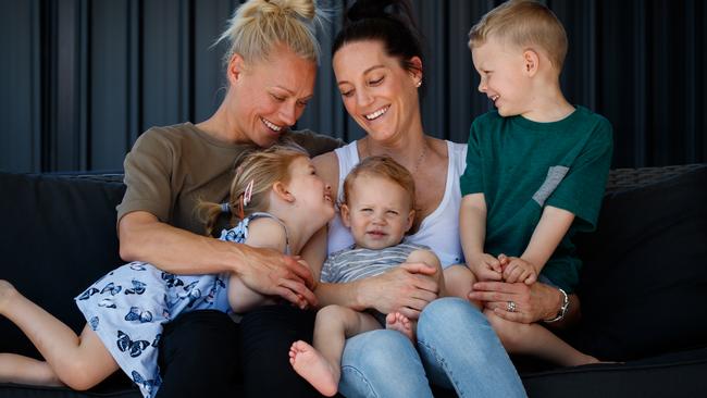 Erin Phillips with her wife Tracy Gahan and children Brooklyn, Drew and Blake at Picture: Matt Turner.