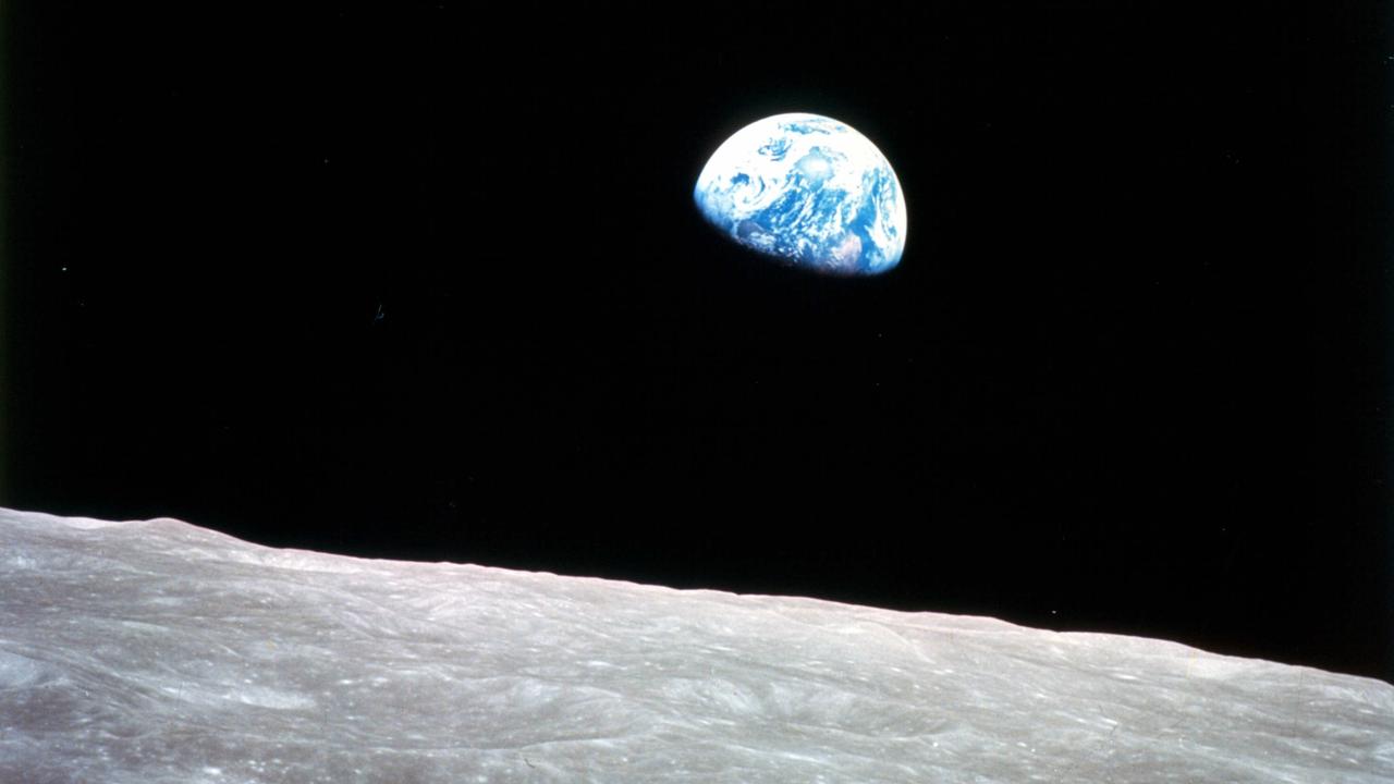 The famous Earthrise photo from December 1968 taken by the astronauts on Apollo 8 as they came from behind the Moon after the lunar orbit insertion burn. Yusaku Maezawa was wearing a T-shirt bearing this photograph for the interview about his Moon orbit plans. Picture: NASA