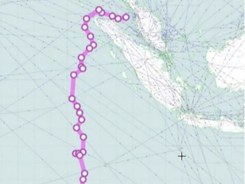 The suggested flight path of MH370. Sumatra Indonesia can be seen at the top right of the map. Picture: Supplied