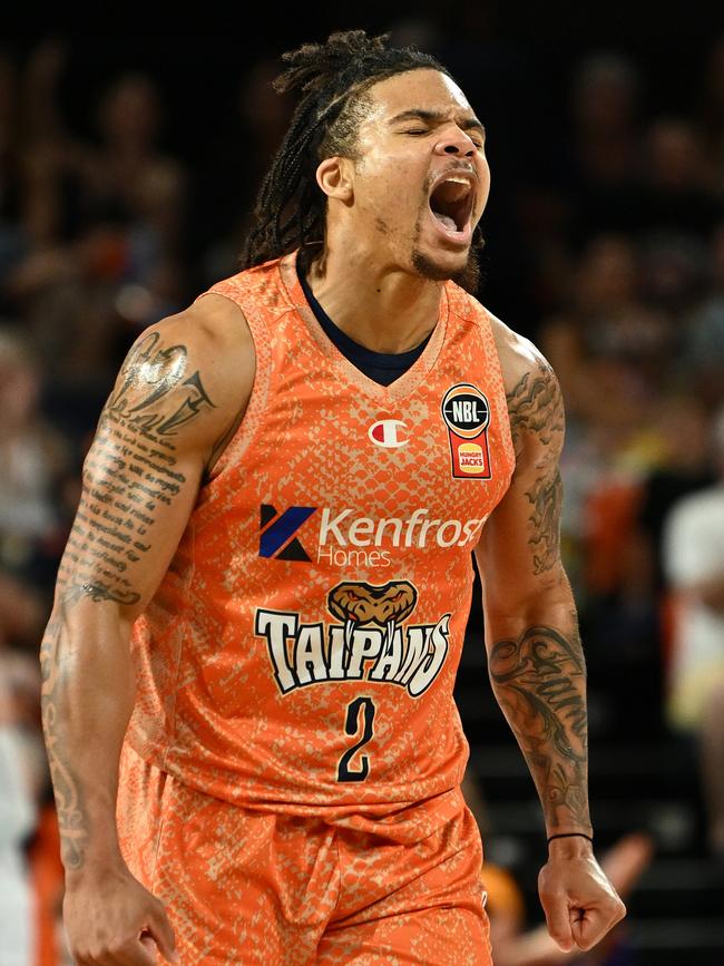 Rob Edwards of the Taipans reacts during the round two NBL match between Cairns Taipans and Adelaide 36ers at Cairns Convention Centre, on September 28, 2024, in Cairns, Australia. (Photo by Emily Barker/Getty Images)