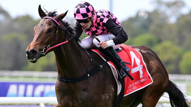 Cosmo Centaurus dashes away to win the $100,000 Inglis bonus for Rob Heathcote and jockey Bailey Wheeler at the Sunshine Coast on January 25. Picture: Grant Peters / Trackside Photography.=