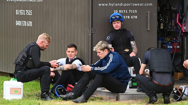 CRANBOURNE, AUSTRALIA - FEBRUARY 05: Jockeys are seen during jumpouts at Cranbourne Training Centre on February 05, 2024 in Cranbourne, Australia. (Photo by Vince Caligiuri/Getty Images)