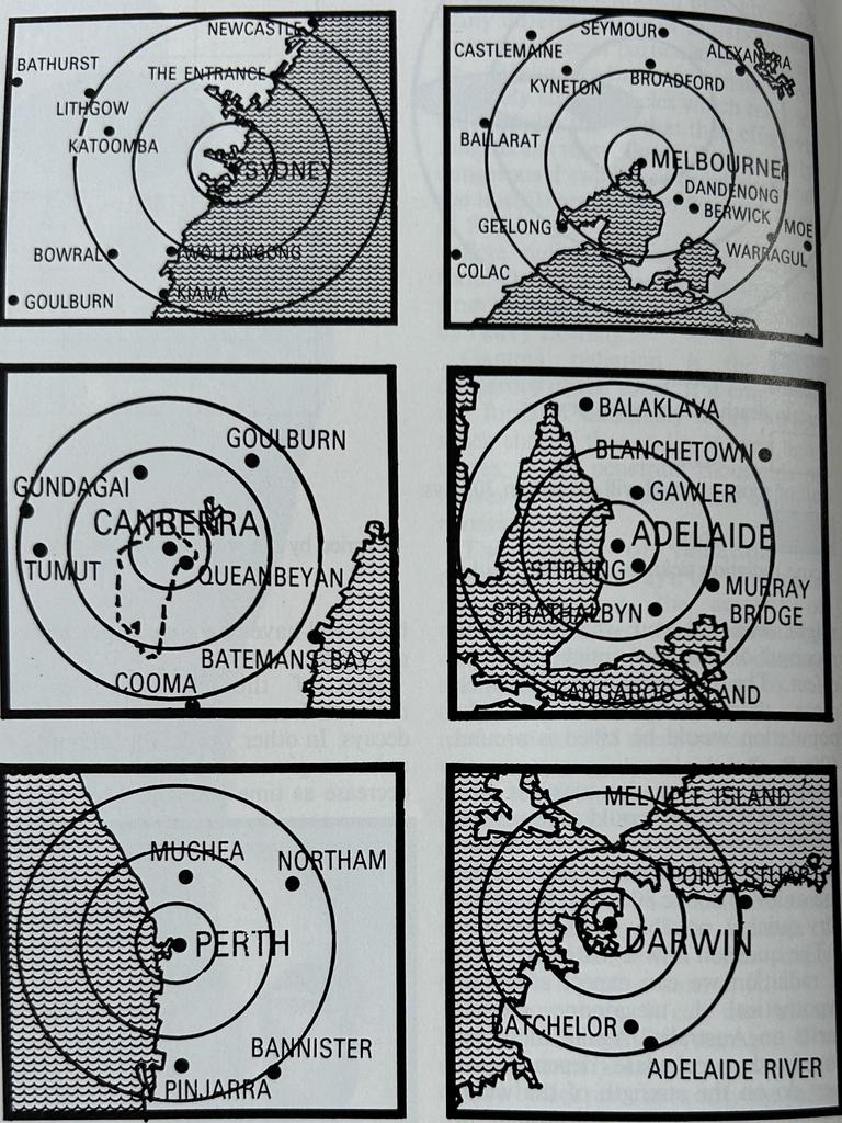 Some of the illustrations showing fallout areas in Australia's Nuclear Survival Handbook.