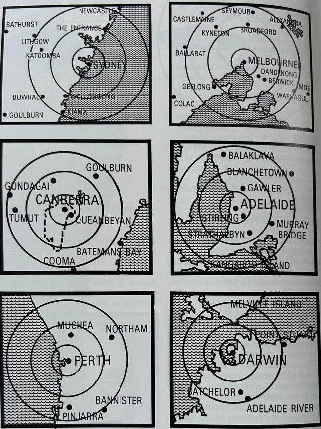 Some of the illustrations showing fallout areas in Australia's Nuclear Survival Handbook.