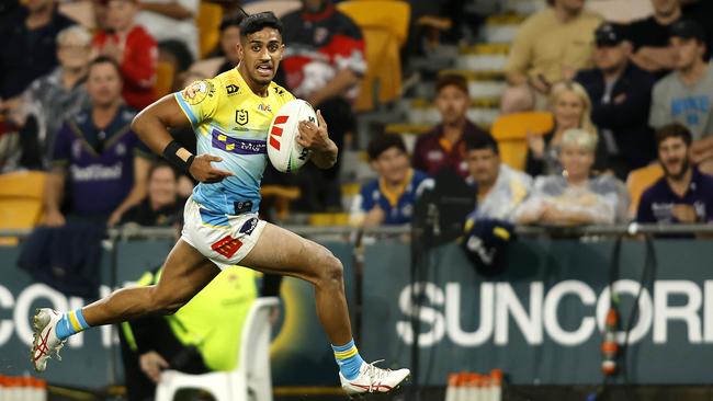 Alofiana Khan-Pereira celebrated a try-scoring double against Parra in Magic Round. Picture: NRL Imagery