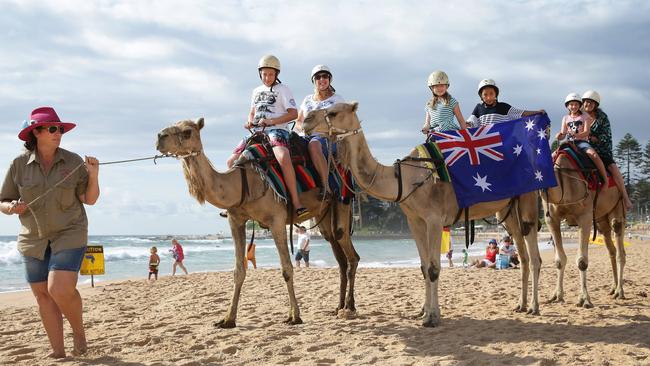 Annabelle Robinson of Forestville and Wangmo Choephel of Dee Why unfurl the Aussie flag from atop a camel at Dee Why. Picture: Martin Lange