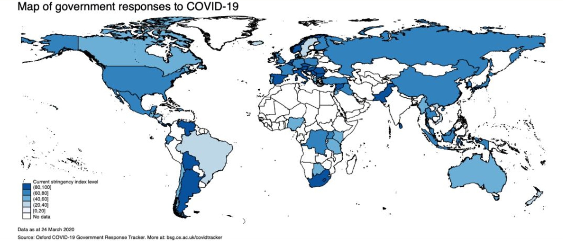 The University of Oxford's coronavirus response tracker features a Stringency Index to show the differences in measures between countries.