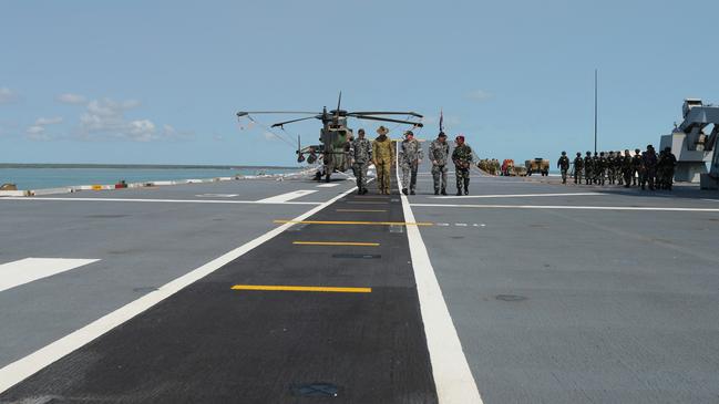 Australian Defence Force and Indonesian National Armed Forces members aboard the HMAS Adelaide ahead of Exercise Keris Woomera. Picture: Zizi Averill