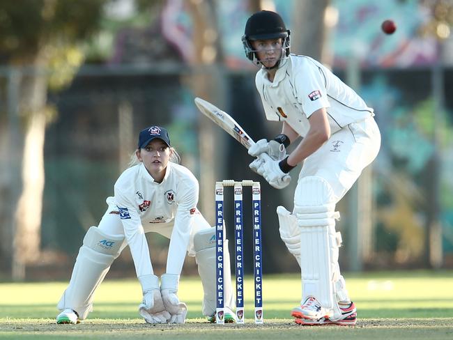 Sarah Taylor behind the stumps during her men’s A grade debut for Northern Districts. Picture: Morne de Klerk/Getty Images