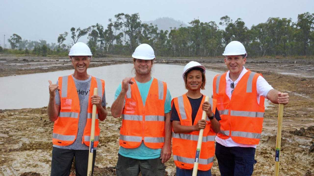 Barton Lynch, Mark Occhilupo and his son Jay join surf Lakes CEO Aaron Trevis on a recent site inspection of works underway at the demo site on the Capricorn Coast.