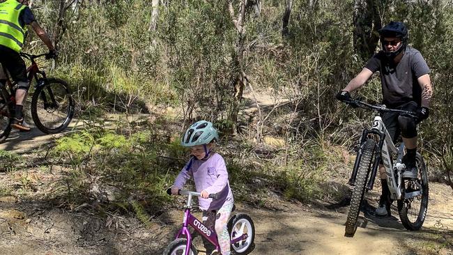 Riders on climbing trail Tarannasore's Tasman Peninsula mountain bike trails. Picture: Amanda Walker ***ONE TIME USE ONLY