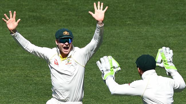 Captain Steve Smith (left) celebrates Australia’s second Test win with wicketkeeper Tim Paine.