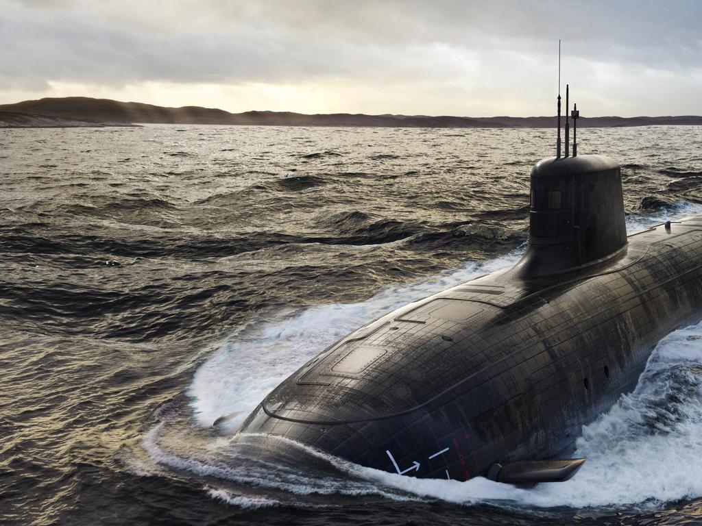 Artist's impression of the future SSN-AUKUS nuclear-powered submarine to be built in Australia using a hybrid UK and US design. Picture: Defence/Supplied,