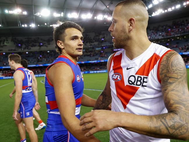 ‘Buddy clone’ Jamarra Ugle-Hagan has a moment with the Swans superstar after the match. Picture: AFL Photos/Getty Images