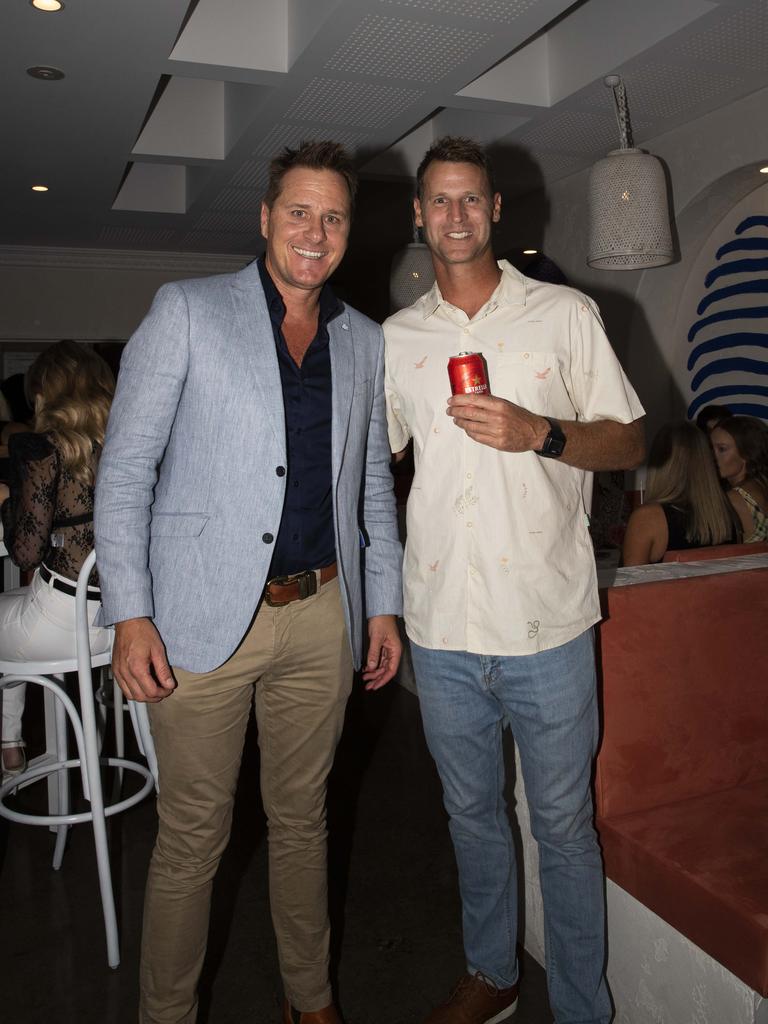 Channel 9's Luke Bradnam and Ironman Wes Berg attend the opening of new Burleigh restaurant Maman on 1st October 2020. Picture: Jackson O'Brien.