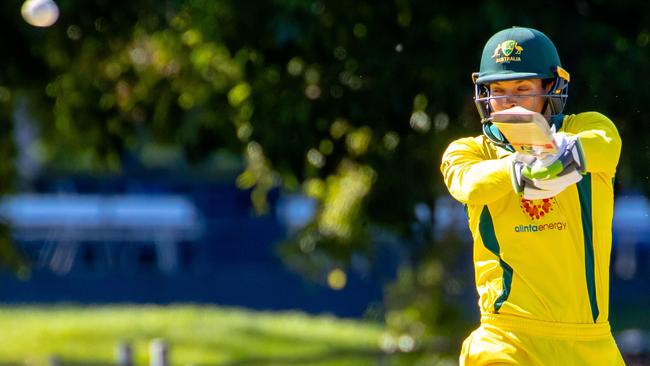 Australian player Alex Carey bats during the second of three warm up matches