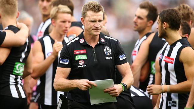 Nathan Buckley deep in thought during a break in the game against the Blues on Saturday. Picture: Getty