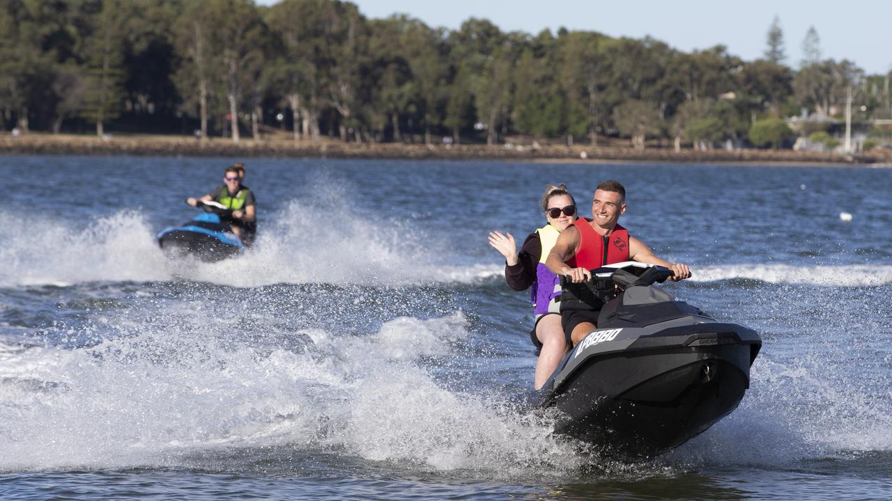 Relaxed COVID -19 restrictions allows jetskiiers to be out on the water again. Josh Dries with his partner Shanice Jones enjoy the water at Clontarf. 2.05.2020 Picture: Renae Droop