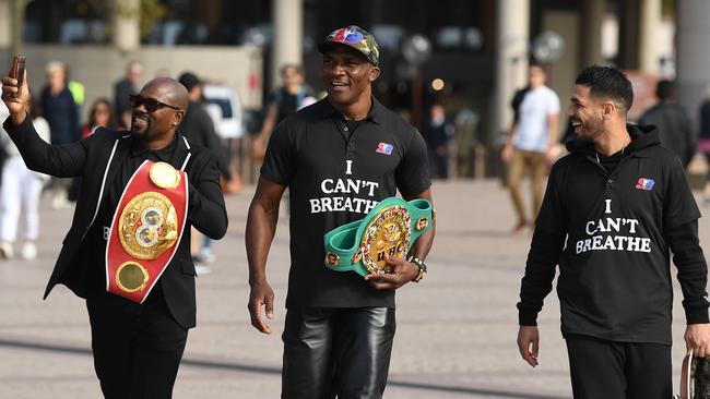 Professional boxers (L-R) Gairy St. Clair, Sakio Bika and Billy Dib arrive to speak to the media during a Black Lives Matter protest at the Sydney Opera House in Sydney in 2020. Picture: AAP Image/Joel Carrett