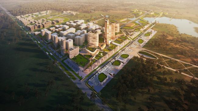 The World Trade Center at Badgerys Creek, designed by Woods Bagot, will consist of four towers, exhibition centres, retail outlets, residential and more. Picture: Supplied