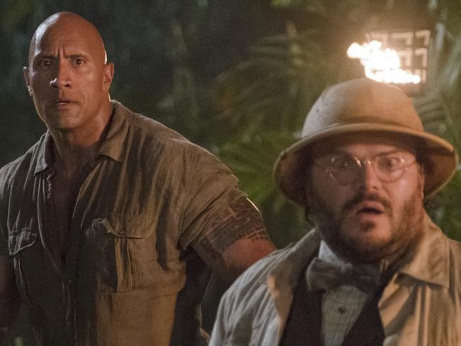 Karen Gillan, Dwayne Johnson and Jack Black in a scene from film JUMANJI: WELCOME TO THE JUNGLE.