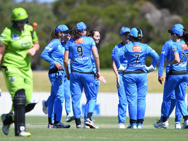 Adelaide Strikers celebrate Amanda Wellington’s wicket of Rachel Priest. Picture: AAP