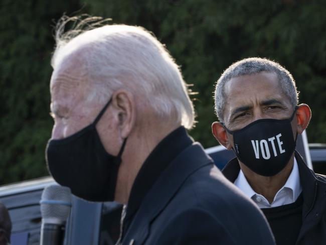 Democratic presidential nominee Joe Biden and former US president Barack Obama make a stop at a canvass kickoff event in Bloomfield Hills, Michigan. Picture: AFP