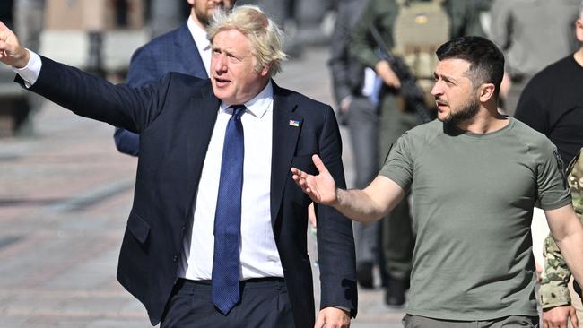 Ukrainian President Volodymyr Zelensky with Boris Johnson. Picture: AFP.