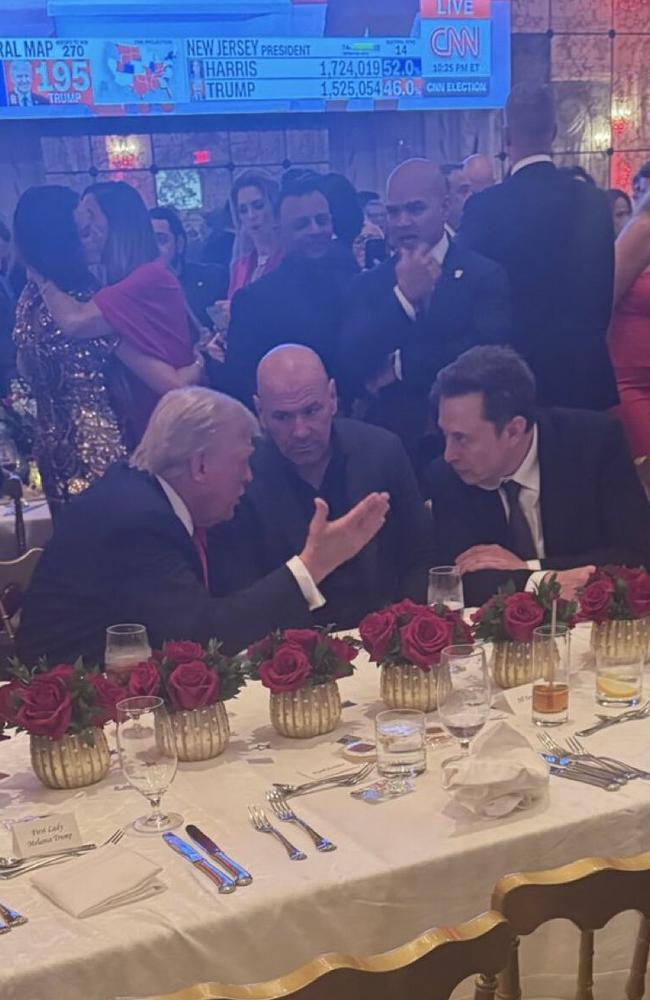 Donald Trump, UFC boss Dana White and Elon Musk photographed at Mar-a-Lago on election night. Picture: X