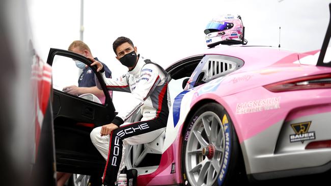 Gold Coast motorsport driver Jaxon Evans at the Porsche Mobil 1 Supercup, in Budapest this year with his distinct pink Porsche for Lechner Racing. Photo: Porsche AG