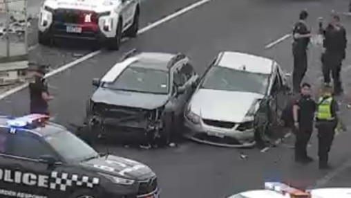 All outbound lanes of the Calder Freeway are blocked just after DFO Essendon, due to a multi-vehicle collision on Wednesday morning. Picture: VicTraffic/X