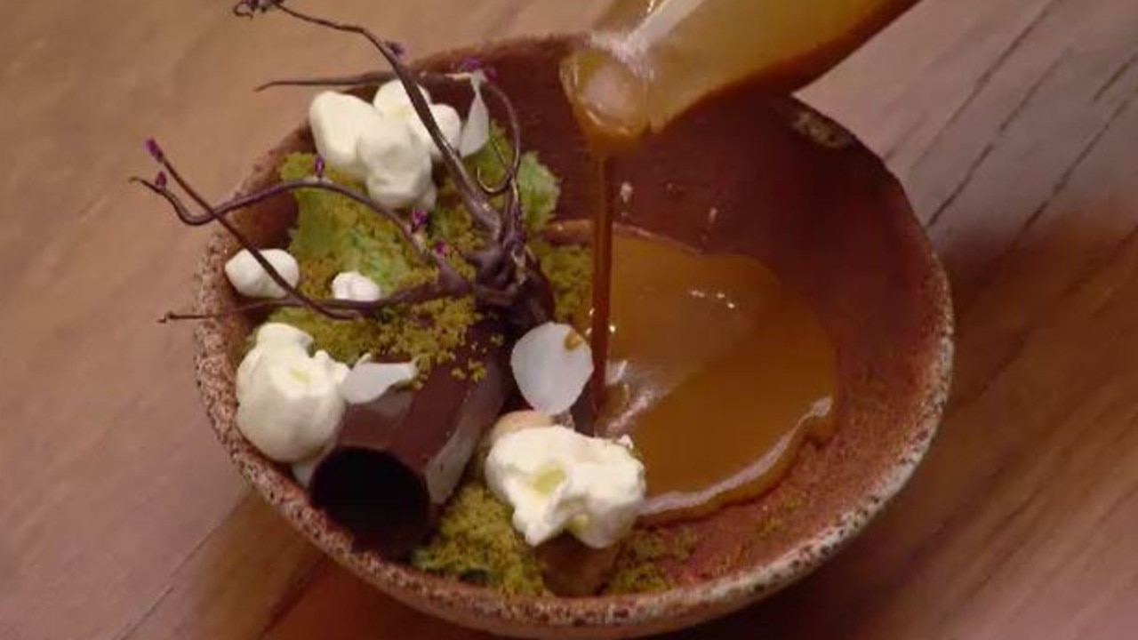 The judges gushed over Reynold’s ‘Down the Rabbit Hole’ dessert. Picture: Channel 10.