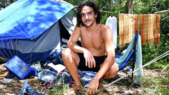 Homeless man Aiden Quinn Thomson at Woody Point. Picture: John Gass