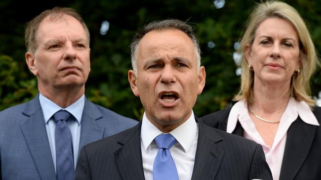 Victorian Opposition Leader John Pesutto with David Southwick and Georgie Crozier. Picture: Andrew Henshaw