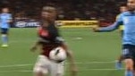 The ball hits the Wanderers’ Keanu Baccus on the arm during Saturday’s derby but it wasn’t ruled handball.