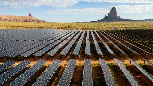 KAYENTA, ARIZONA - JUNE 23: In an aerial view, the Kayenta Solar Plant is seen on June 23, 2024 in Kayenta, Arizona. In late February, the U.S. Department of Energy announced that it would begin plans to provide $76.5 million in federal financing to the Navajo Nation's Red Mesa Tapaha Solar Farm in southeast Utah. The move is intended to provide tribal lands with greater accessibility to power grids and further generate energy sales for the nonprofit Navajo Tribal Utility Authority. The nonprofit oversees and provides power to approximately 40,000 homes within the Navajo Nation, spanning portions of southeast Utah, northeast Arizona and northwestern New Mexico.   Brandon Bell/Getty Images/AFP (Photo by Brandon Bell / GETTY IMAGES NORTH AMERICA / Getty Images via AFP)