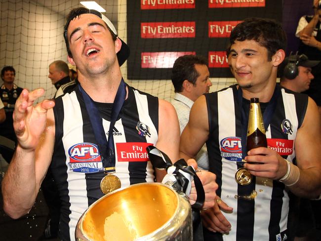 Steele Sidebottom and former teammate Sharrod Wellingham (right) with the 2010 premiership.